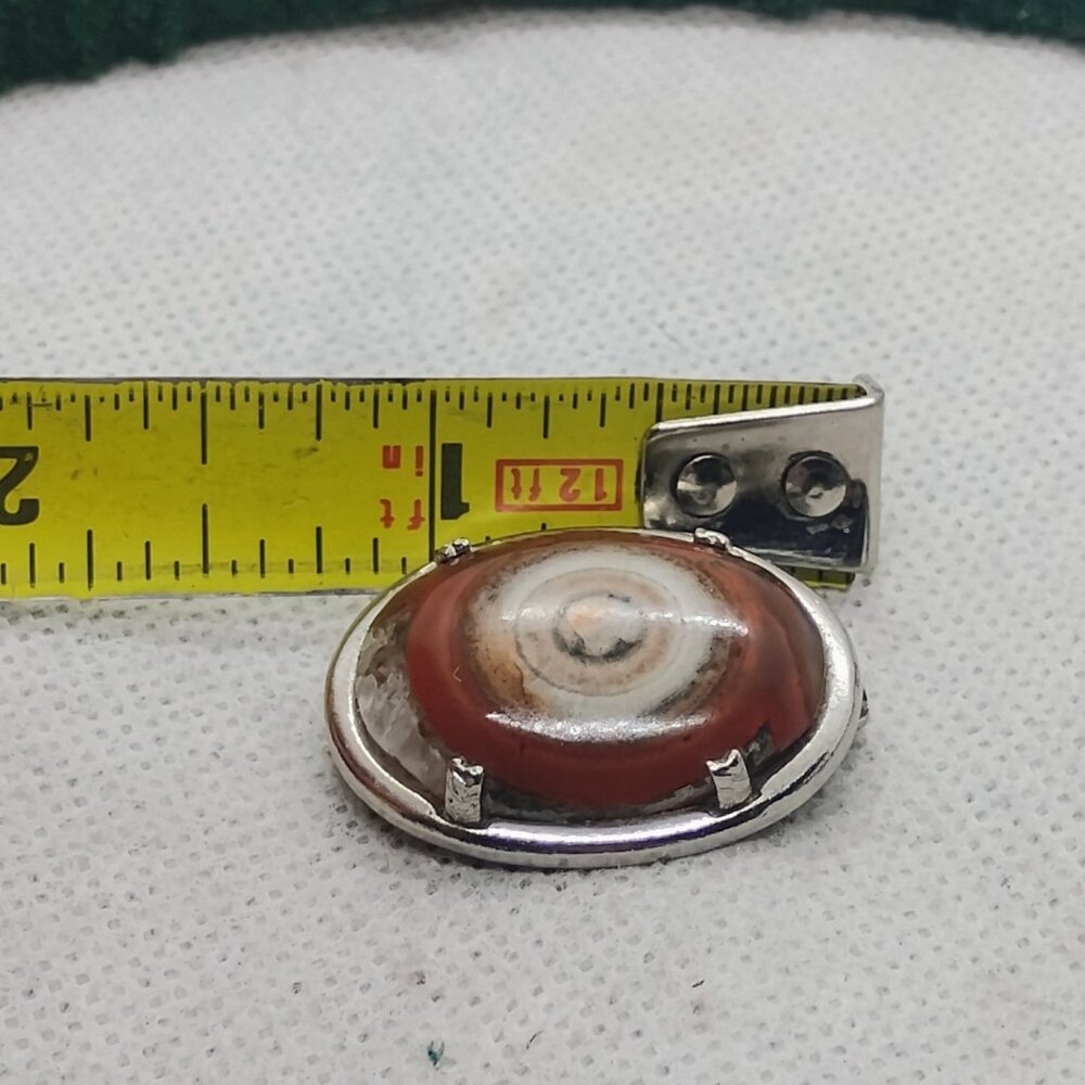 Vtg Bullseye Eye Agate Brooch Silver Tone Carnelian Orange Brown White Oval - Picture 5 of 8